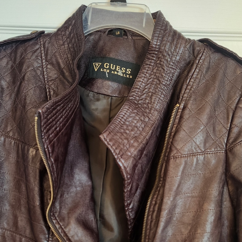 Guess Women's Quilted Leather Jacket - Dark Brown - Picture 2 of 4